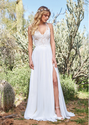 V Neck Ivory Lace Chiffon High Slit Wedding Dress